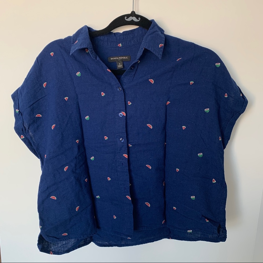 Banana Republic Watermelon Fruit Pattern Blue Shortsleeve Collar Shirt